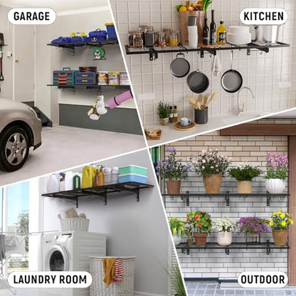 Garage Wall Shelves, 46"X12.5" Garage Shelving Wall Mounted, Heavy Duty Shelf Storage Rack with 4 Hooks, Black Organizer Floating Metal Shelf 160 LBS Capacity for Office, Basement, Laundry Room - size: A-1 PACK