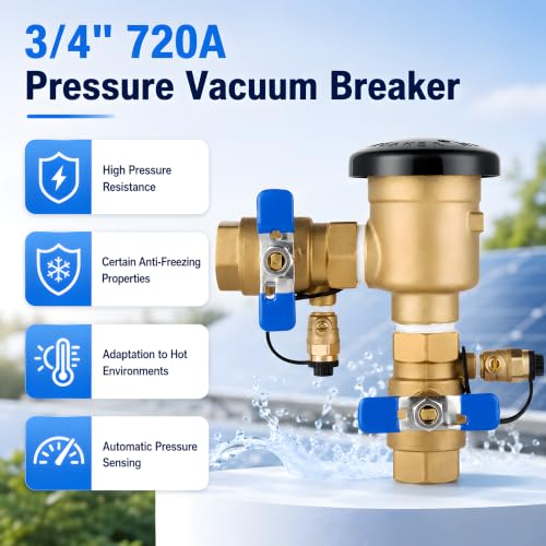 3/4 Inch Backflow Preventer, Brass Pressure Vacuum Breaker Assembly, 400 PSI Sprinkler Backflow Valve for Lawn Irrigation, Garden Water Lines and Outdoor Anti-Siphon Protection - size: 3/4 Inch