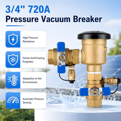 3/4 Inch Backflow Preventer, Brass Pressure Vacuum Breaker Assembly, 400 PSI Sprinkler Backflow Valve for Lawn Irrigation, Garden Water Lines and Outdoor Anti-Siphon Protection - size: 3/4 Inch