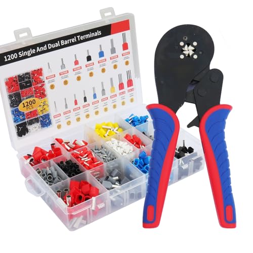 Fidioto 1200pcs Double Tube Ferrule Terminals with Ferrule Crimping Tool Kit, 4-Sided Terminal Crimping Pliers, High Precision (AWG 28-5) 0.08-16mm² Terminal crimpe Pliers for Tubular terminals etc - size: 1200pcs + Crimping Tool