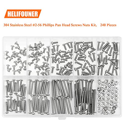 HELIFOUNER 240 Pieces #2-56 Phillips Pan Head Machine Screws Nuts Assortment Kit, Coarse Thread, Fully Machine Threaded, 304 Stainless Steel - size: #2-56, style: Phillips Pan Head