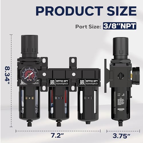NEWPO 3/8" NPT 3 Stage Air Dryer for Compressor, Air Drying System with 5＆0.01 Micron Filter Cartridge，Desiccant Dryer & Air Regulator, Metal Bowl Semi-Auto Drain - size: 3/8'' NPT, style: 3 Stage(2Filter+1Dryer))