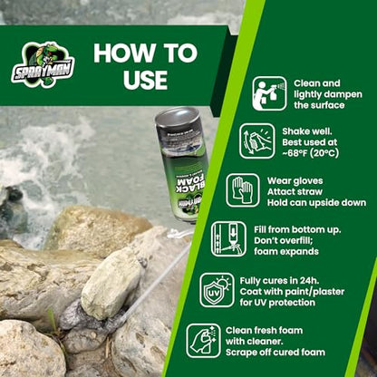 Sprayman Black Waterfall Foam Sealant - (12x12oz) Expanding Polyurethane Pond Foam Sealer, UV Resistant, Water Proof Spray for Landscape & Exterior, Straw Use, 12 Pack - size: 12 Pack