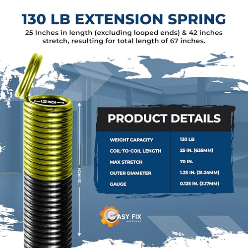 130 lb Yellow Garage Door Extension Springs, Heavy-Duty Double-Looped 2-Pack for 7 ft Sectional Doors, ASTM 229 Steel, 30,000 Cycles - size: 130-Yellow