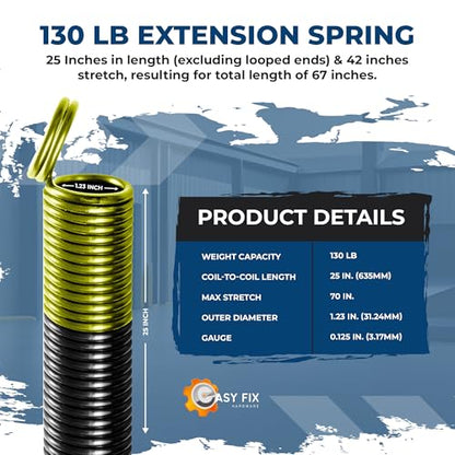 130 lb Yellow Garage Door Extension Springs, Heavy-Duty Double-Looped 2-Pack for 7 ft Sectional Doors, ASTM 229 Steel, 30,000 Cycles - size: 130-Yellow