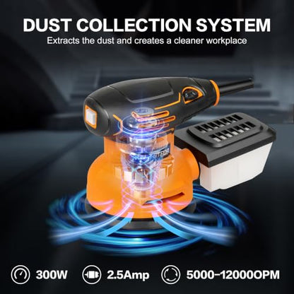 5" Orbital Sander,300W 5000-12000OPM Variable Speed 20 Sandpapers