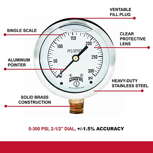 Winters 2-1/2" Dial Size, Liquid Filled Industrial Pressure Gauge, Brass Internals, 304 Stainless Steel Case, Single Scale 0-300 psi, 1.5% Acc, 1/4" NPT Bottom Mount, Glycerin Filled Pressure Gauge - style: 0/300 PSI