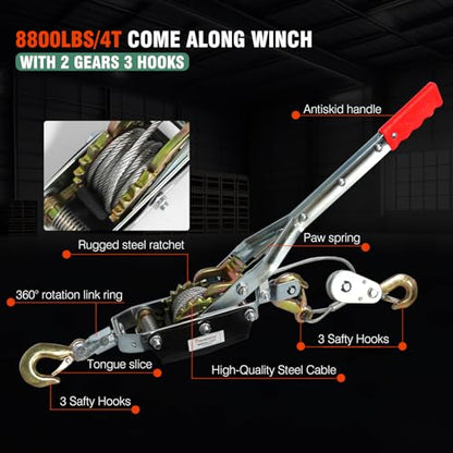 4T Come Along Winch, 8800lbs Pulling Capacity, 10ft Steel Cable - size: 4T-8810lbs-10FT-3Hook
