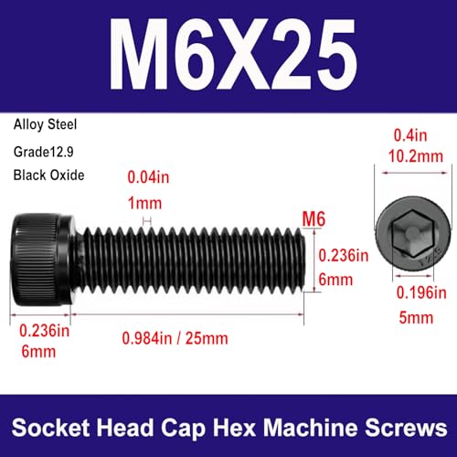 M6-1.0 x 25mm Socket Head Cap Screws Bolts, Grade 12.9 Alloy Steel Black Oxide, M6 25mmAllen Socket Drive, Machine Thread with Hex Spanner,20 PCS (M6X25) - size: M6X25mm