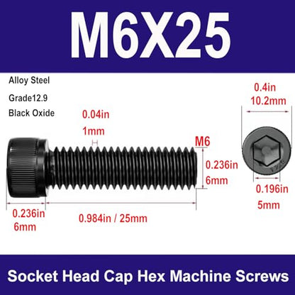 M6-1.0 x 25mm Socket Head Cap Screws Bolts, Grade 12.9 Alloy Steel Black Oxide, M6 25mmAllen Socket Drive, Machine Thread with Hex Spanner,20 PCS (M6X25) - size: M6X25mm