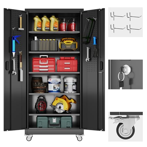 Aobabo Metal Garage Storage Cabinet with Wheels and Pegboards, Black - color: Black, size: 16"D x 32"W x 71"H