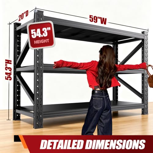 59" W Storage Shelves, 3T Adjustable Garage Shelving Unit, Rust Proof Large Metal Storage Rack, 20" Dx59 Wx54.3 H Industrial Shelving for Warehouse, Basement, Supermarket - size: 20"Dx59"Wx54.3"H