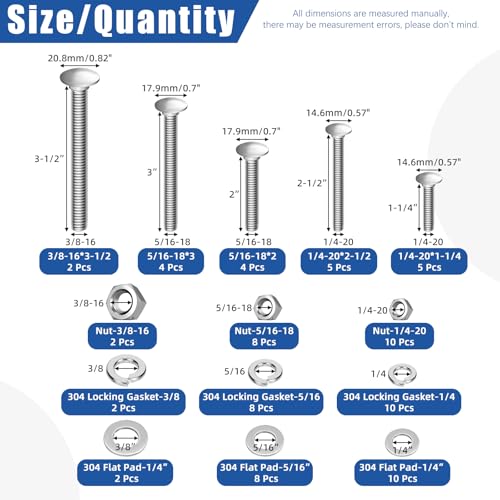 Glarks 80pcs 1/4-20x1-1/4’’, 1/4-20x2-1/2’’, 5/16-18x2’’, 5/16-18x3’’, 3/8-16x3-1/2’’ Carriage Bolts Screws, Round Head Square Neck Bolts, Square Neck Carriage Bolts Screws with Nuts and Washers