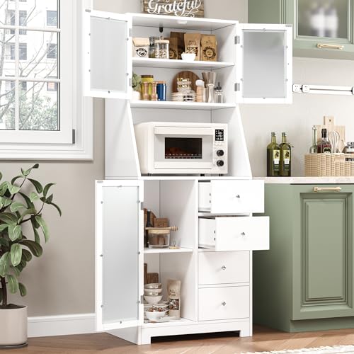 BOTLOG 64'' Kitchen Pantry Storage Cabinet, Tall Kitchen Storage Cabinet with Microwave Stand, Hutch Cabinet with Adjustable Shelves, for Dining Room (White) - color: White