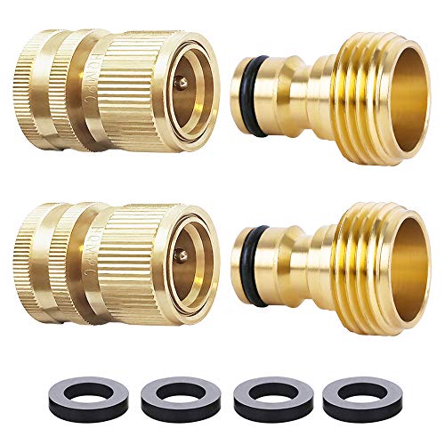 HQMPC Garden Hose Quick Connect Solid Brass Quick Connector Garden Hose Fitting Water Hose Connectors Garden Hose Disconnect 3/4 inch GHT (2Sets) (2Female+2Male) - size: 2 Sets