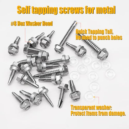 weideer 250pcs ＃8×3/4" Self Tapping Screws for Metal,410 Stainless Steel,Metal Screws Self Tapping, Hex Washer Head Quick Tapping Self Drilling Sheet Metal Screw with Washer K-157-W-19mm - size: SV 250PCS ＃8×3/4"