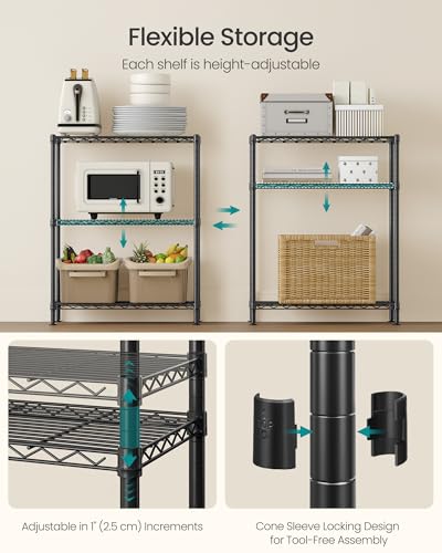SONGMICS 3-Tier Storage Shelves, Adjustable Wire Shelving Unit, 8 Hooks - color: Ink Black, size: 3 Tiers (11.8"D x 23.6"W)