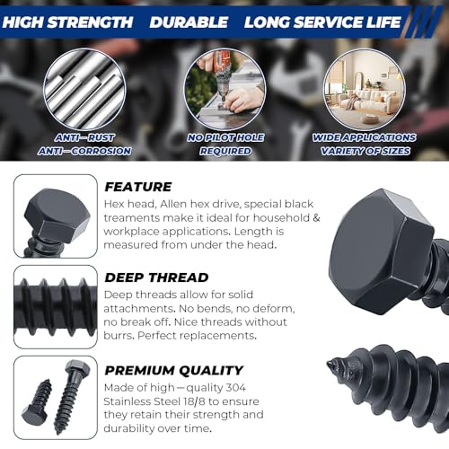 3/8 x 5 Black Hex Head Lag Screws Bolts (8 pcs), 304 Stainless Steel 18/8, Black Oxide Coated, Partial Thread, Deck Screws, Heavy Duty Hex Head Wood Lag Screws, Fayeploo - size: 3/8 x 5"