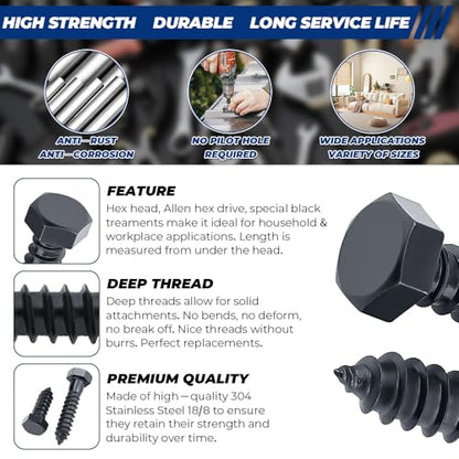 3/8 x 5 Black Hex Head Lag Screws Bolts (8 pcs), 304 Stainless Steel 18/8, Black Oxide Coated, Partial Thread, Deck Screws, Heavy Duty Hex Head Wood Lag Screws, Fayeploo - size: 3/8 x 5"