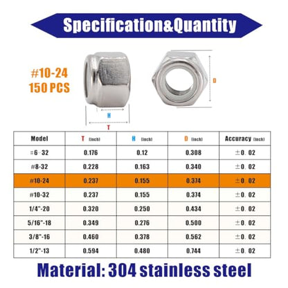 #10-24 Lock Nut, 150Pcs 304 Stainless Steel Nylock Insert Locking Nuts - size: #10-24（150 pcs）