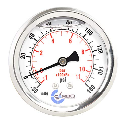 1-1/2" Pressure Gauge, Stainless Steel Case, Chrome Plated Brass Connection, Lqiuid Filled, Compound Vacuum -30 Hg - 0-160 psi Back Mount 1/8" NPT - style: -30 / 0 / +160 inHg/psi