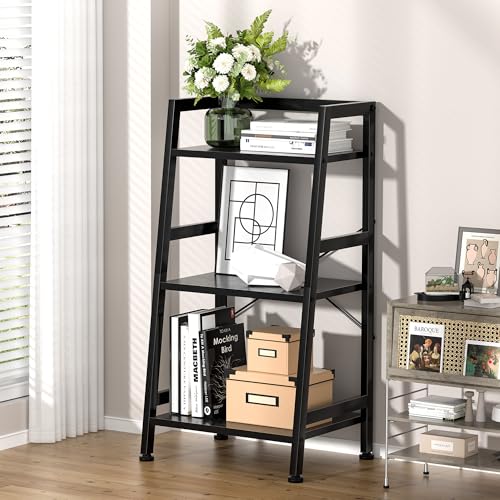 3-Tier Bookshelf, Ladder Shelf, Stand up Shelves, Industrial Bookcase with Steel Frame, Metal Small Bookcase, for Living Room, Home Office, Kitchen, Bedroom, Industrial Style（Black） - color: Black, size: 3 Tier (11.8"D x 16.5"W x 31.3"H)