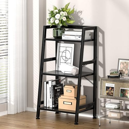 3-Tier Bookshelf, Ladder Shelf, Stand up Shelves, Industrial Bookcase with Steel Frame, Metal Small Bookcase, for Living Room, Home Office, Kitchen, Bedroom, Industrial Style（Black） - color: Black, size: 3 Tier (11.8"D x 16.5"W x 31.3"H)