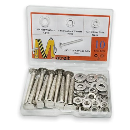 10 Sets 1/4"-20 x2 Carriage Bolts Round Head Square Neck Screws with Hex Nuts Flat Washers Spring Lock Washers 304 Stainless Steel Full Thread Coverage Square Neck Bolts Assortment Kit - size: 1/4"-20 x2"-10 Sets