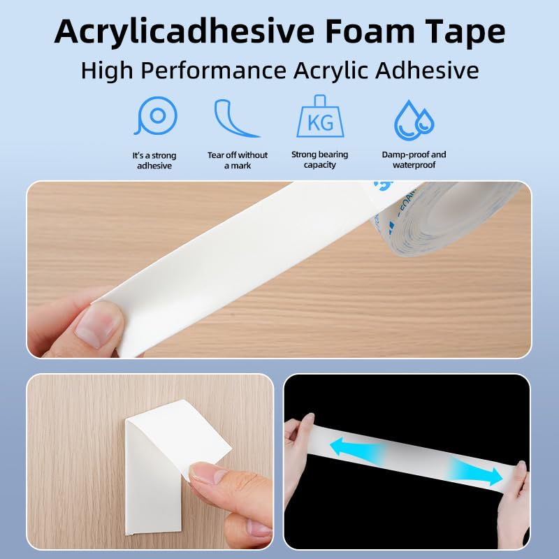 Heavy Duty Double Sided Foam Mounting Tape 0.4 Inch by 10 Feet Roll Waterproof Removable with Industrial Strength Adhesive for Picture Hanging Wall Mounting Automotive Trim DIY Crafts Projects