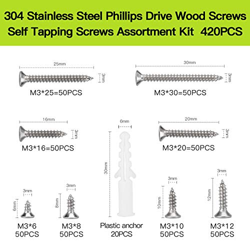 M3 Flat Head Wood Screws Assortment, 420pcs Stainless Self Tapping Screws - color: M3-Silver, size: 420PCS
