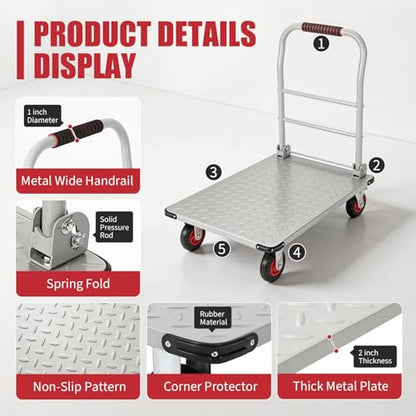 Heavy Duty 1800LBS Steel Platform Truck Cart – 36"x24" Flatbed Push Cart, 6" Swivel Wheels & Brakes, Collapsible Handle, Utility Dolly for Warehouse & Garage – Silver + Orange Wheels
