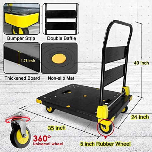 Platform Truck Cart 1000LBS Chinco Star Folding Push Cart Dolly Portable Moving Dolly Cart with 360° Swivel 5'' Wheels Heavy Duty Foldable Flatbed Cart for Hand Moving (35L x24W x40H in) - size: 35"x24"-4 wheels