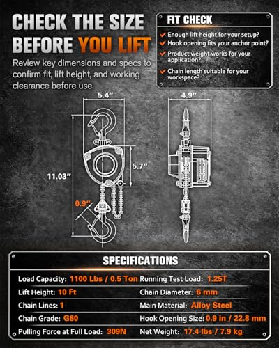 Chain Hoist 1/2 Ton, 1100 lbs Capacity, 10 FT Manual Chain Fall, G80 Alloy Steel Load Chain, Double-Pawl Brake, 360° Swivel Hooks, Heavy Duty Hoist for Garage, Shop, Farm, Warehouse