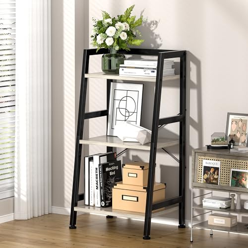 3-Tier Bookshelf, Ladder Shelf, Stand up Shelves, Industrial Bookcase with Steel Frame, Metal Small Bookcase, for Living Room, Home Office, Kitchen, Bedroom, Industrial Style（Greige & Black） - color: Greige & Black, size: 3 Tier (11.8"D x 16.5"W x 31.3"H)
