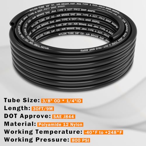 CheeMuii 30FT 3/8" DOT Air Line 3/8 Air Hose PA12 Nylon Pneumatic Tubing - color: Black, size: 3/8"OD-30FT