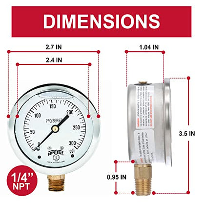 Winters 2-1/2" Dial Size, Liquid Filled Industrial Pressure Gauge, Brass Internals, 304 Stainless Steel Case, Single Scale 0-300 psi, 1.5% Acc, 1/4" NPT Bottom Mount, Glycerin Filled Pressure Gauge - style: 0/300 PSI