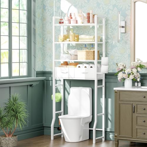 Simple Trending 4 Tier Over The Toilet Storage with Drawers, Heavy Duty Bathroom Stand Organizer Metal Shelves for Laundry, White - color: 4-tier White With Drawers