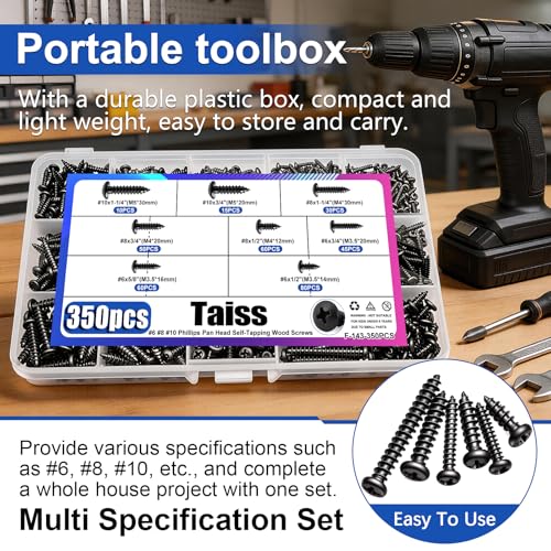 Taiss 350PCS #6#8#10 Phillips Pan Head Self Tapping Screws for Plastic,Self-Tapping Wood Screws Assortment Kit 14 Sizes Cross Recessed Carbon Steel Black Screws for Wood,Plastic - size: 350PCS