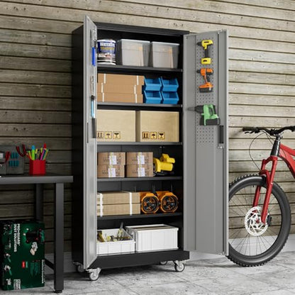 Reemoon 71" H Metal Garage Storage Cabinet with Wheels,Pegboard,Shelves - color: Black-dark Grey, size: 18"D x 34"W x 71"H