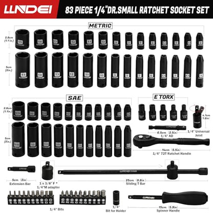 1/4" Impact Socket Set, 83 Pcs Wrench Set SAE(5/32-9/16 in) Metric (4-15mm) - size: 83-Piece 1/4" Drive Impact Socket Set