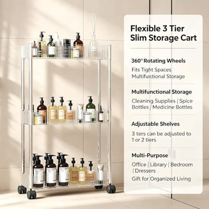 Sooyee Slim Clear 3-Tier Plastic Rolling Utility Cart with Wheels - color: Clear, size: Slim 3 Tier