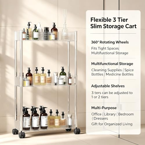 Sooyee Slim Clear 3-Tier Plastic Rolling Utility Cart with Wheels - color: Clear, size: Slim 3 Tier