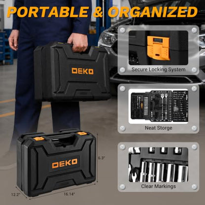 DEKOPRO Mechanic Tool Set & Socket Wrench Set, 226 Pcs Car Tool Kit with Storage Tool Box, 1/4" 3/8" 1/2" Drive, SAE/Metric, w/Ratchet Wrench, Ext. Bars, Hex Keys, for Auto/Moto Repair