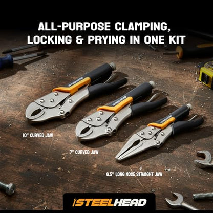 STEELHEAD 3PC Locking Pliers Set, 10" & 7" Curved Jaw, 6-1/2" Long Nose
