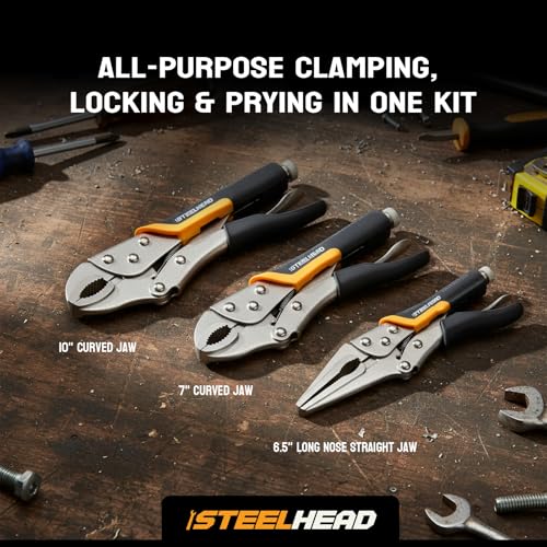 STEELHEAD 3PC Locking Pliers Set, 10" & 7" Curved Jaw, 6-1/2" Long Nose