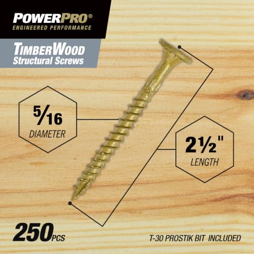 Power Pro TimberWood Structural Screws, 5/16in x 2-1/2in, 250 Pieces Bronze - color: Bronze, size: 5/16 inch x 2-1/2 inch, style: 250pc