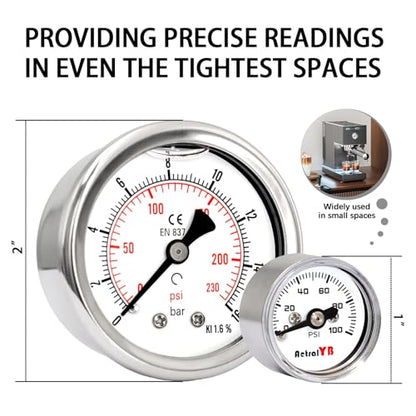 1 Inch mini Pressure Gauge, 0-100 Psi Air Gauge, Stainless Steel Case, 1/8" NPT Back Mount, Psi Coffee Machine Pressure Gauge for Water Pumps, Air Compressors - size: 0-100 PSI, style: Back Mount