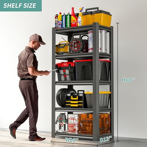 60" H Garage Shelves, Garage Shelving Heavy Duty, 3000Lbs 5 Tier Adjustable Garage Storage Shelves Suitable for Warehouse, Basement, Workshop,Require Assembly, 12.01" D*27.56" W *60" H(Black) - size: 12.01"D*27.56"W*60"H