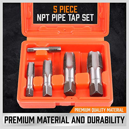 HORUSDY 5-Piece NPT Pipe Tap Kit with Heavy-Duty Storage Case, Premium Carbon Steel Threading Tools, 1/8"–3/4" Tapered Pipe Taps for Fast, Clean & Reliable Plumbing Repairs - style: 5-Piece