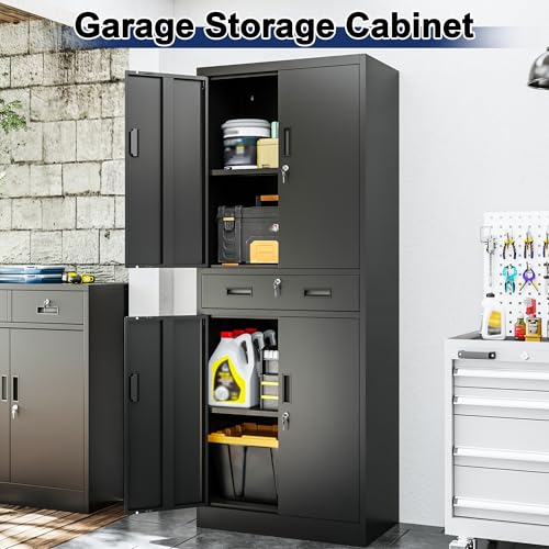 BESFUR Metal Storage Cabinet with a Drawer 4 Doors and 2 Adjustable Shelves Garage Storage Cabinet with Lock 71" Office Storage Cabinets Locking Cabinets for Garage Office Shop Home (Black) - color: Black, size: 71"H x 28"W x 16"D